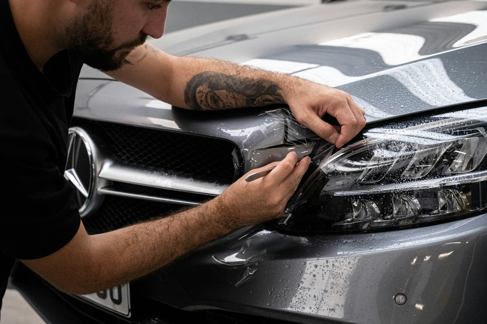 Water beading on a clean car finish